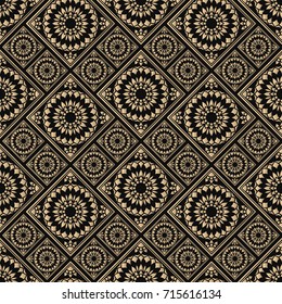Seamless pattern oriental ornament. Black and golden textile print. Islamic vector design. Floral tiles.