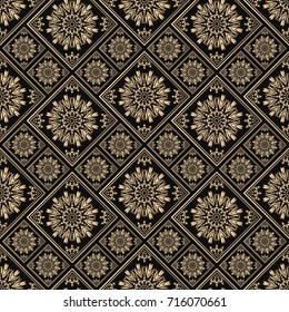 Seamless pattern oriental ornament. Black and golden textile print. Islamic vector design. Floral tiles.