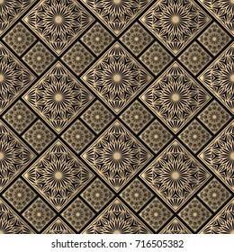 Seamless pattern oriental ornament. Black and golden textile print. Islamic vector design. Floral tiles.