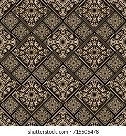 Seamless pattern oriental ornament. Black and golden textile print. Islamic vector design. Floral tiles.