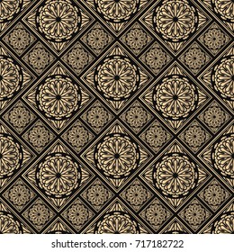 Seamless pattern oriental ornament. Black and golden textile print. Islamic vector design. Floral tiles.