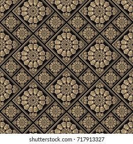 Seamless pattern oriental ornament. Black and golden textile print. Islamic vector design. Floral tiles.
