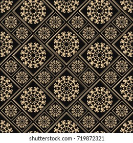 Seamless pattern oriental ornament. Black and golden textile print. Islamic vector design. Floral tiles.