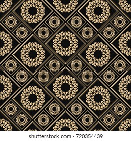Seamless pattern oriental ornament. Black and golden textile print. Islamic vector design. Floral tiles.