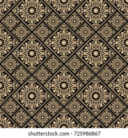 Seamless pattern oriental ornament. Black and golden textile print. Islamic vector design. Floral tiles.