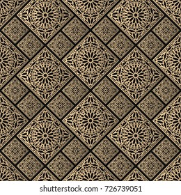 Seamless pattern oriental ornament. Black and golden textile print. Islamic vector design. Floral tiles.