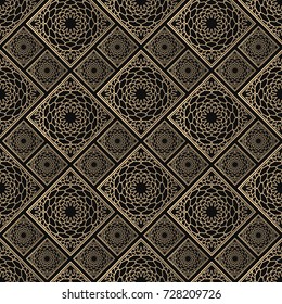 Seamless pattern oriental ornament. Black and golden textile print. Islamic vector design. Floral tiles.