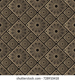 Seamless pattern oriental ornament. Black and golden textile print. Islamic vector design. Floral tiles.