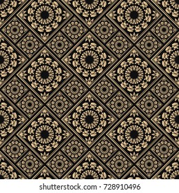 Seamless pattern oriental ornament. Black and golden textile print. Islamic vector design. Floral tiles.