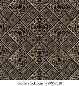 Seamless pattern oriental ornament. Black and golden textile print. Islamic vector design. Floral tiles.