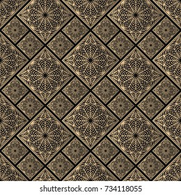 Seamless pattern oriental ornament. Black and golden textile print. Islamic vector design. Floral tiles.