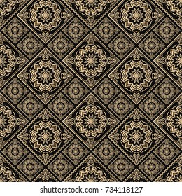 Nahtloses Muster orientalischen Ornament. Schwarzer und goldener Stoffdruck. Islamisches Vektordesign. Blumenfliesen.