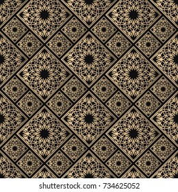 Seamless pattern oriental ornament. Black and golden textile print. Islamic vector design. Floral tiles.