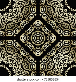 Seamless pattern oriental ornament. Black and golden textile print. Islamic vector design. Floral tiles.
