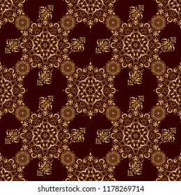 Seamless pattern oriental ornament. Brown and golden textile print. Floral tiles. Islamic vector design.