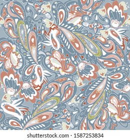 Seamless pattern with oriental ornament. Brown, blue, beige colors. Indian holi. Vector illustration. EPS10