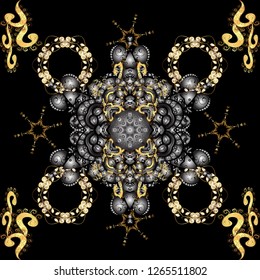 Seamless pattern oriental ornament. Floral tiles. Islamic design. Golden pattern on black and gray colors with golden elements. Vector golden textile print.