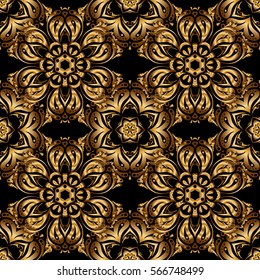 Seamless pattern oriental ornament. Floral tiles. Black and golden textile print. Islamic vector design.