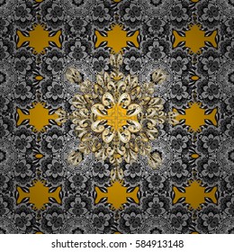 Seamless pattern oriental ornament. Floral tiles. Islamic design. Golden pattern on yellow background with golden elements. Vector golden textile print.