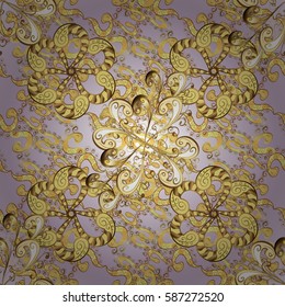 Seamless pattern oriental ornament. Floral tiles. Vector golden textile print. Islamic design. Golden pattern on violet background with golden elements.
