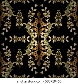 Seamless pattern oriental ornament. Floral tiles. Islamic design. Golden pattern on black background with golden elements. Vector golden textile print.