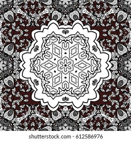Seamless pattern oriental ornament. Floral tiles. Islamic design. White pattern on brown background with white elements. Vector white textile print.