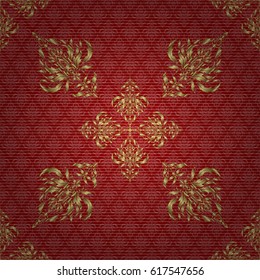 Seamless pattern oriental ornament. Floral tiles. Red and golden textile print. Islamic vector design.