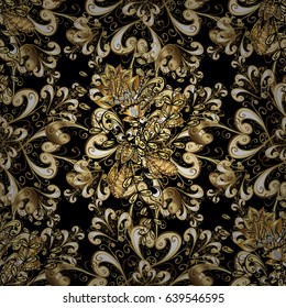 Seamless pattern oriental ornament. Floral tiles. Islamic design. Golden pattern on black background with golden elements. Vector golden textile print.