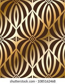 Seamless pattern with oriental ornament. Gold and brown textile printing. Islamic vector design. Voluminous and geometric lines. Beautiful pattern, wallpaper, tile, ornament for the fabric.