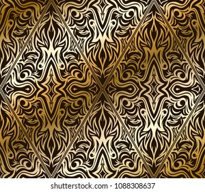 Seamless pattern with oriental ornament. Gold and black textile printing. Islamic vector design. Voluminous and geometric lines. Beautiful pattern, wallpaper, tile, cloth ornament