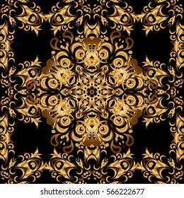 Seamless pattern oriental ornament. Gold tiles with floral motif. Black and golden vintage textile print. Islamic vector design.