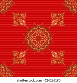 Seamless pattern oriental ornament. Gold tiles with floral motif. Red and golden vintage textile print. Islamic vector design.