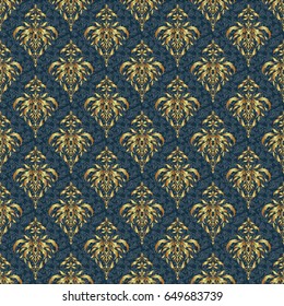 Seamless pattern oriental ornament. Gold tiles with floral motif. Blue and golden vintage textile print. Islamic vector design.