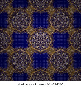 Seamless pattern oriental ornament. Gold tiles with floral motif. Blue and golden vintage textile print. Islamic vector design.