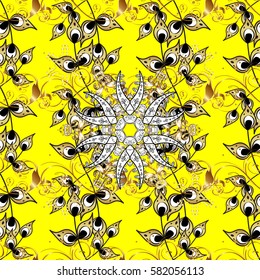 Seamless pattern oriental ornament. Golden pattern on yellow background with golden elements. Vector golden textile print. Floral tiles. Islamic design.