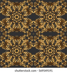 Seamless pattern oriental ornament. Gray and golden textile print. Islamic vector design. Floral tiles.