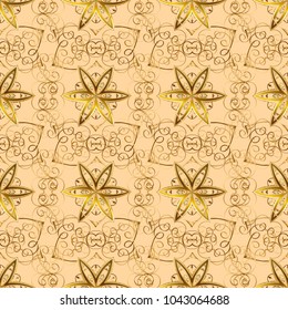 Seamless pattern oriental ornament. Islamic design. Golden pattern on beige, brown and yellow colors with golden elements. Floral tiles. Vector golden textile print.