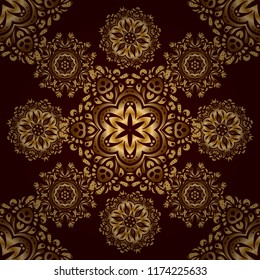 Seamless pattern oriental ornament. Islamic vector design. Brown and golden vintage textile print. Gold tiles with floral motif.