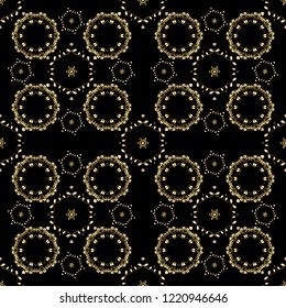 Seamless pattern oriental ornament. Islamic design. Floral tiles. Vector golden textile print. Golden pattern on yellow, black and brown colors with golden elements.
