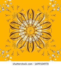 Seamless pattern oriental ornament. Islamic design. Golden pattern on brown and yellow colors with golden elements. Vector golden textile print. Floral tiles.