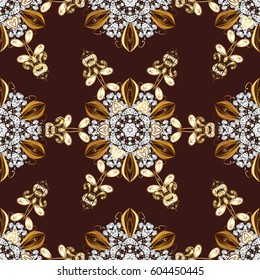 Seamless pattern oriental ornament. Islamic design. Floral tiles. Vector golden textile print. Golden pattern on brown background with golden elements.
