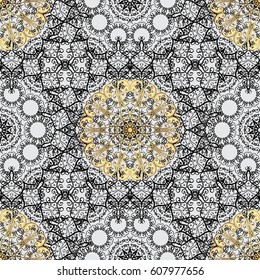 Seamless pattern oriental ornament. Islamic design. Golden pattern on gray background with golden elements. Floral tiles. Vector golden textile print.
