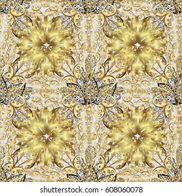 Seamless pattern oriental ornament. Islamic design. Golden pattern on gray background with golden elements. Floral tiles. Vector golden textile print.
