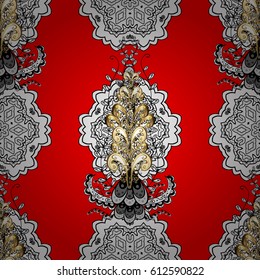 Seamless pattern oriental ornament. Islamic design. Golden pattern on red background with golden elements. Floral tiles. Vector golden textile print.