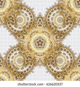 Seamless pattern oriental ornament. Islamic vector design. Floral tiles. Gray and golden textile print.