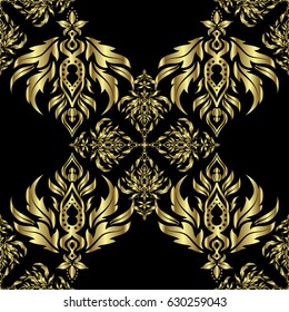 Seamless pattern oriental ornament. Islamic vector design. Gold tiles with floral motif. Black and golden vintage textile print.