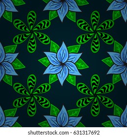 Seamless pattern oriental ornament. Islamic design. Vintage pattern on dark blue background with colorful elements. Floral tiles. Vector colorful textile print.