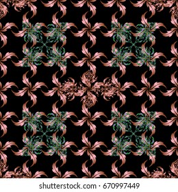 Seamless pattern oriental ornament. Islamic vector design. Motley tiles with floral motif. Violet and green vintage textile print over a black backdrop.