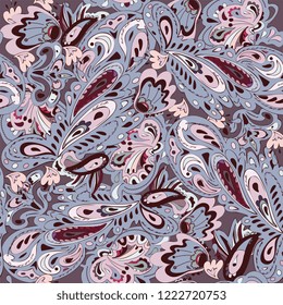Seamless pattern with oriental ornament. Pink, burgundy, blue colors. Vector illustration. EPS10