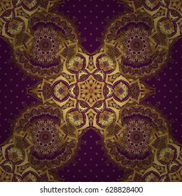 Seamless pattern oriental ornament. Purple and golden vintage textile print. Islamic vector design. Gold tiles with floral motif.